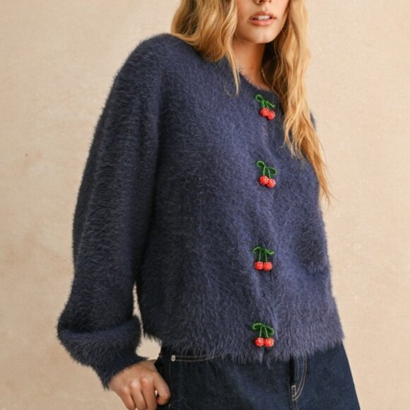 NEW Beaded Cherry Button Front Fuzzy Blue Soft Cardigan - SIZE SMALL - Picture 2 of 5